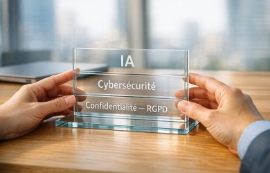 Présentoir "totem" en verre avec les mots IA cybersécurité et confidentialité