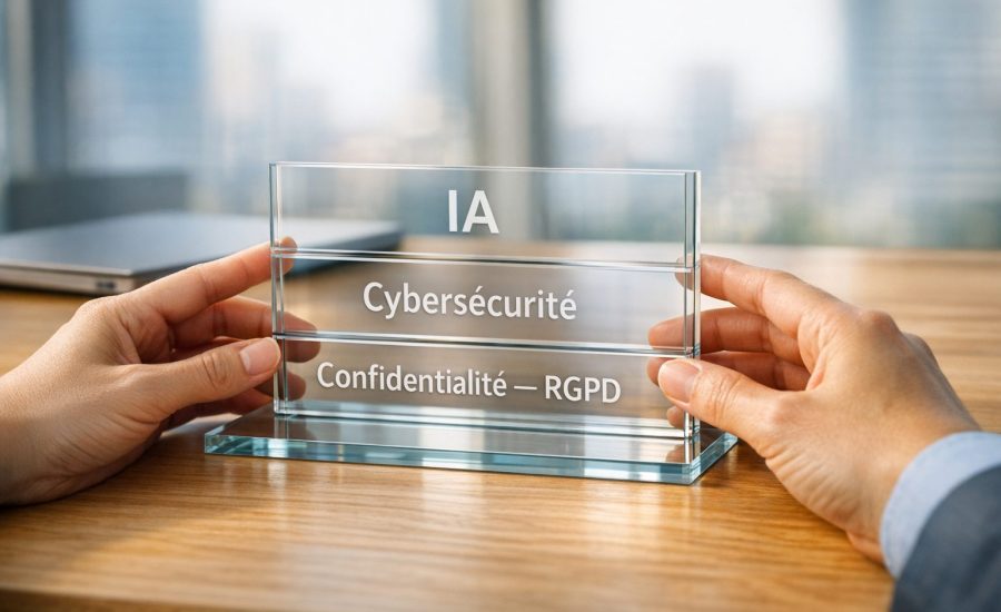 Présentoir "totem" en verre avec les mots IA cybersécurité et confidentialité